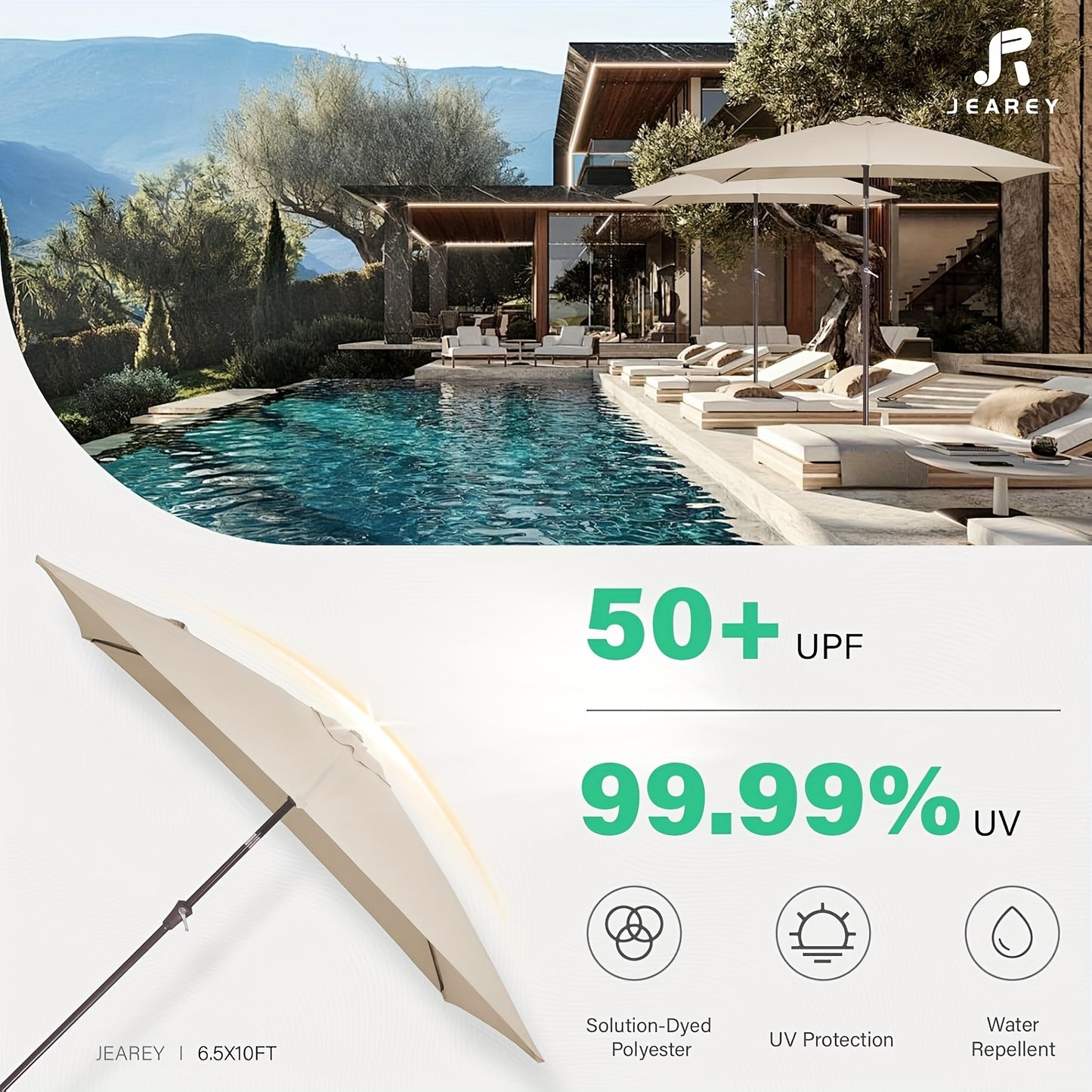 6.5 x 10ft Rectangular Patio Umbrellas Outdoor Market Umbrella with Push Button Tilt and Crank, Rectangle Table Umbrella 6 Sturdy Ribs UV Protection for Pool Garden Backyard Deck
