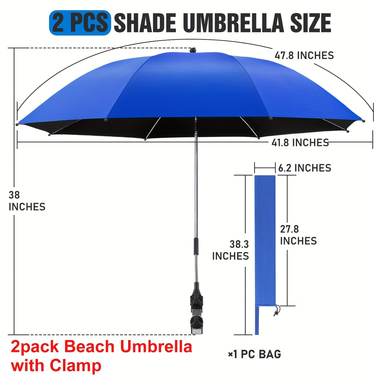 2 Pack Chair Beach Umbrella with 360° Clamp, UPF50+ Sun Protection, Carbon Fiber Pole & Lightweight Polyester Canopy, Mixed Colors for Beach, Camping, Patio, Outdoor Travel, Camping Essentials, Classic Umbrella Design, Durable Clamp Base