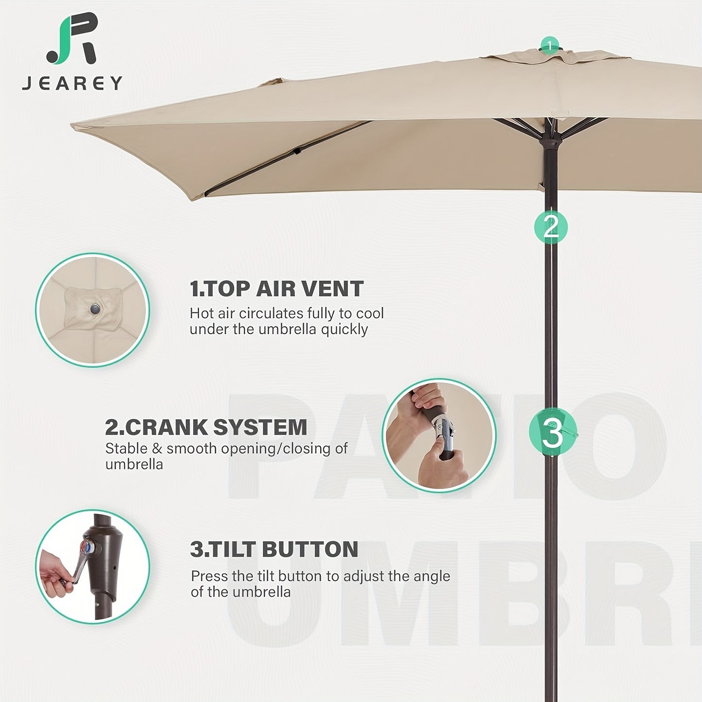 6.5 x 10ft Rectangular Patio Umbrellas Outdoor Market Umbrella with Push Button Tilt and Crank, Rectangle Table Umbrella 6 Sturdy Ribs UV Protection for Pool Garden Backyard Deck