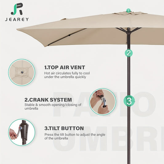 6.5 x 10ft Rectangular Patio Umbrellas Outdoor Market Umbrella with Push Button Tilt and Crank, Rectangle Table Umbrella 6 Sturdy Ribs UV Protection for Pool Garden Backyard Deck