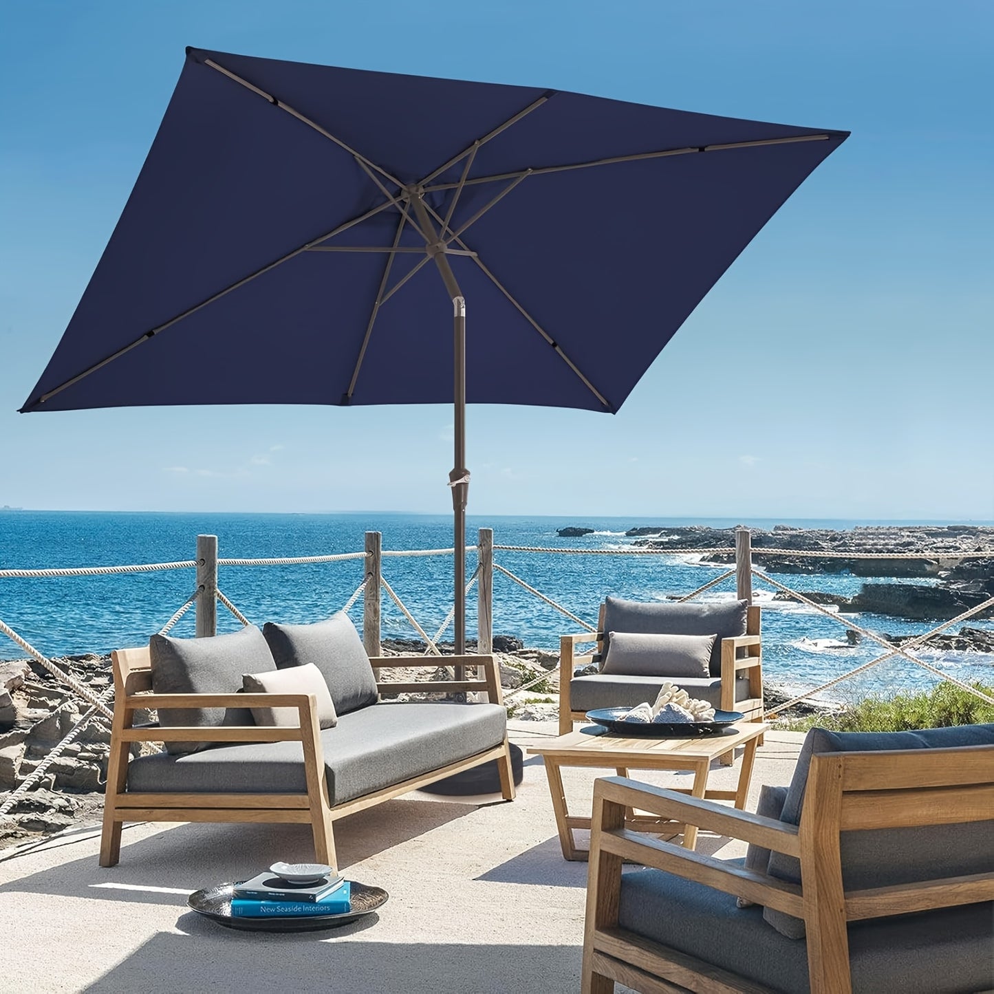 6.5 x 10ft Rectangular Patio Umbrellas Outdoor Market Umbrella with Push Button Tilt and Crank, Rectangle Table Umbrella 6 Sturdy Ribs UV Protection for Pool Garden Backyard Deck