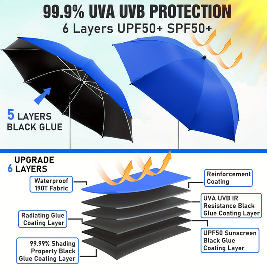 2 Pack Chair Beach Umbrella with 360° Clamp, UPF50+ Sun Protection, Carbon Fiber Pole & Lightweight Polyester Canopy, Mixed Colors for Beach, Camping, Patio, Outdoor Travel, Camping Essentials, Classic Umbrella Design, Durable Clamp Base