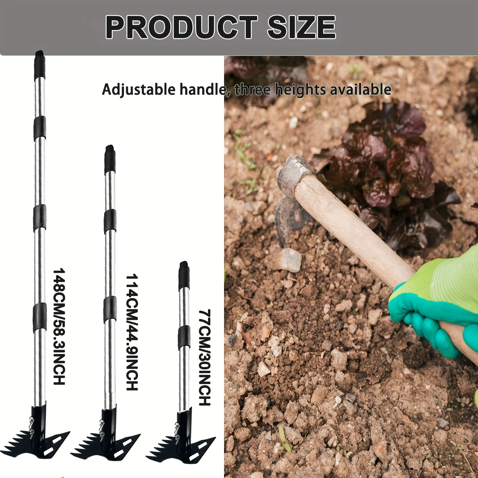 2-in-1 Weed Puller & Garden Hoe Tool - Heavy-Duty Metal Adjustable Long Handle (16.54-59.06inch) for Effortless Weed Removal, Soil Leveling & Yard Maintenance, Weed Removal Garden Tools No Bending, Sturdy Construction